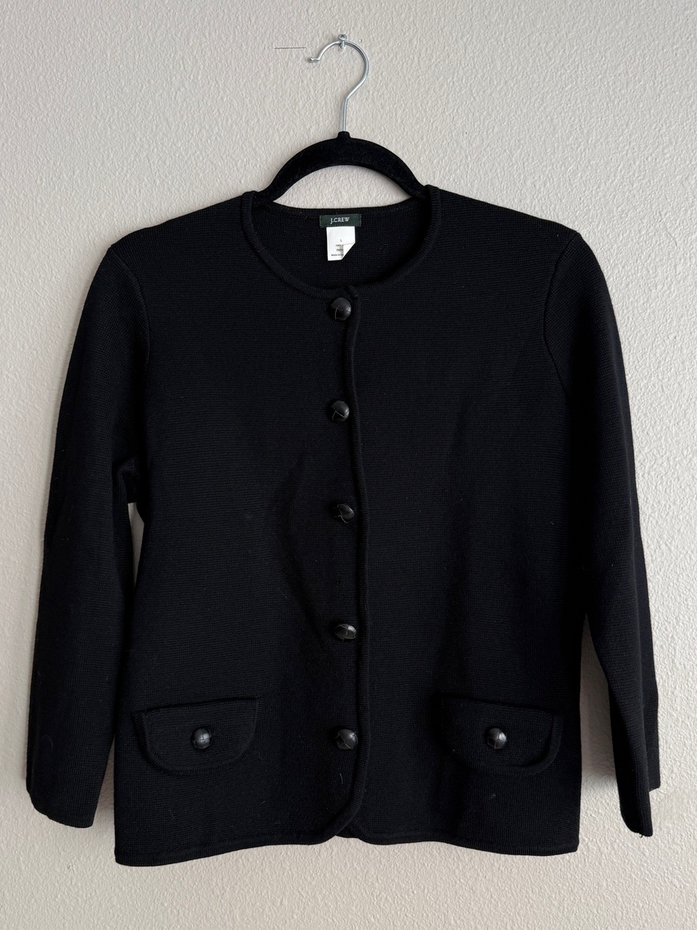 J. Crew Sz L 100% Wool Cardigan Jacket Black Round Neck Button Up Flap Pocket